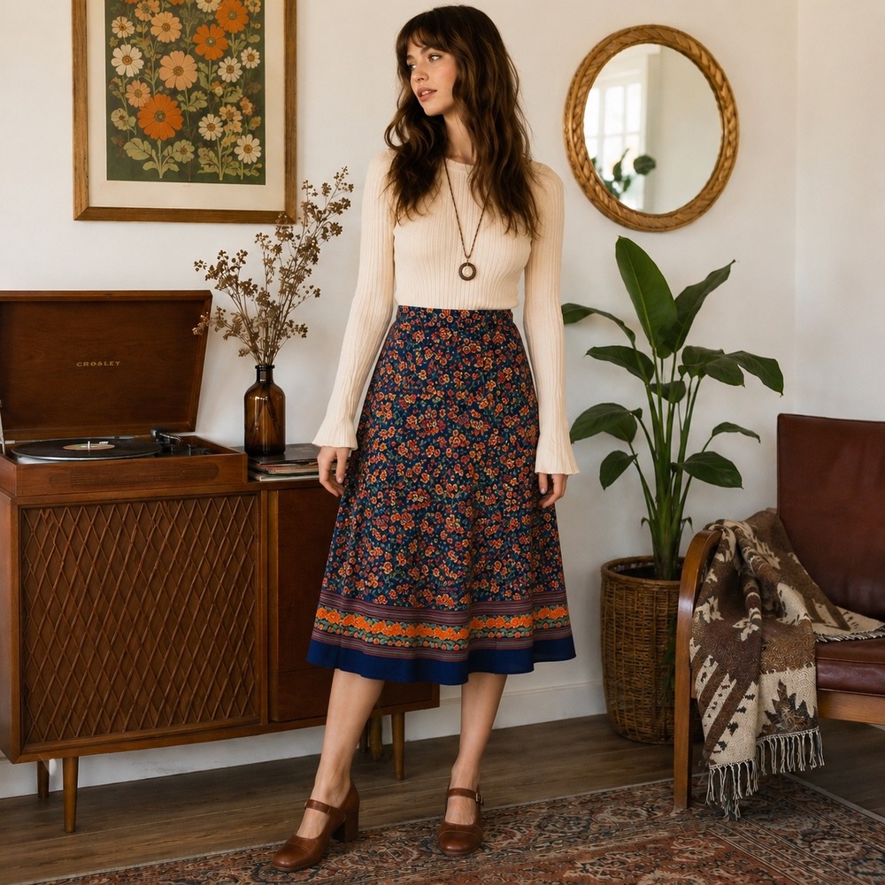 Vintage Blue Orange Floral Border Print Midi Skirt Size XS 27" Waist